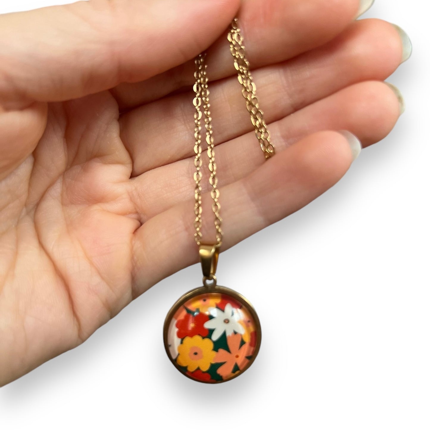 Colorful floral and green Necklace - Golden Stainless Steel Necklace 