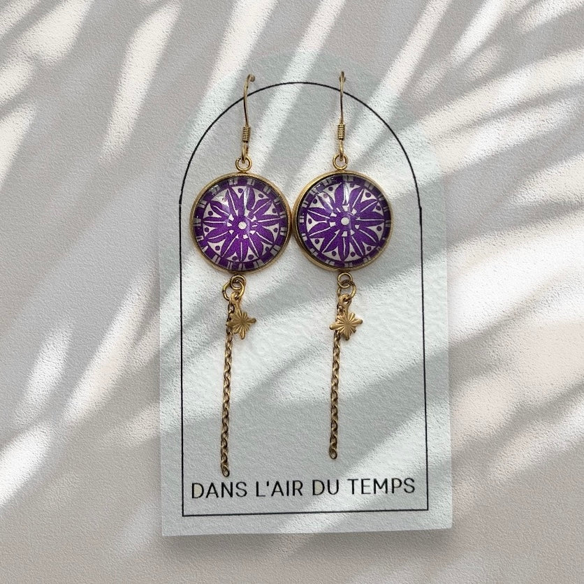 Boucles d'Oreilles Mandala Violettes et chainette