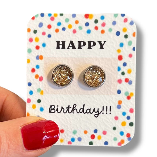 Gold Glitter Kids Stud Earrings / Happy Birthday!