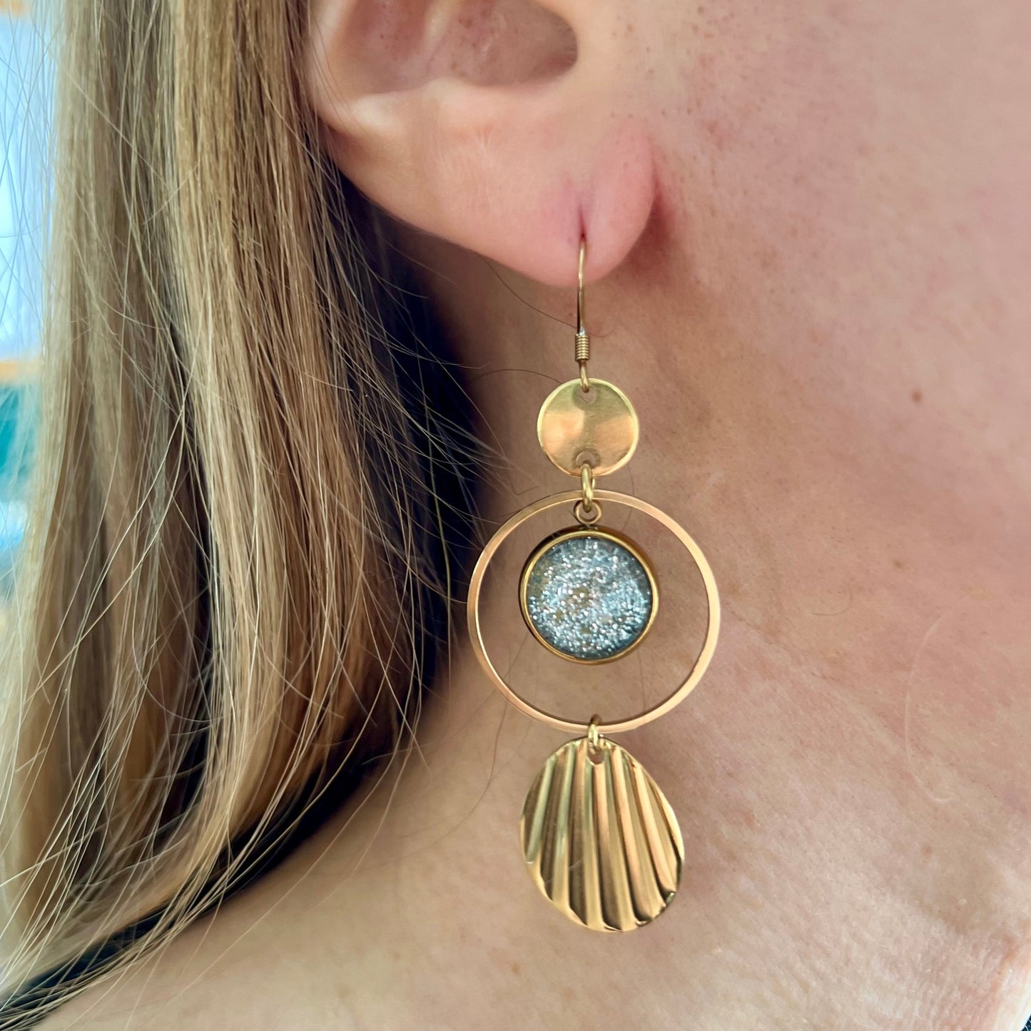 Silver glitter Earrings, golden finish