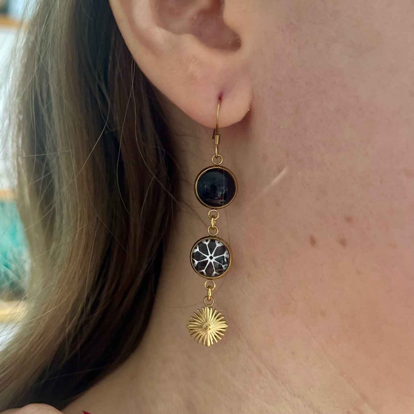 black mandala mismatched Earrings , Golden Finish