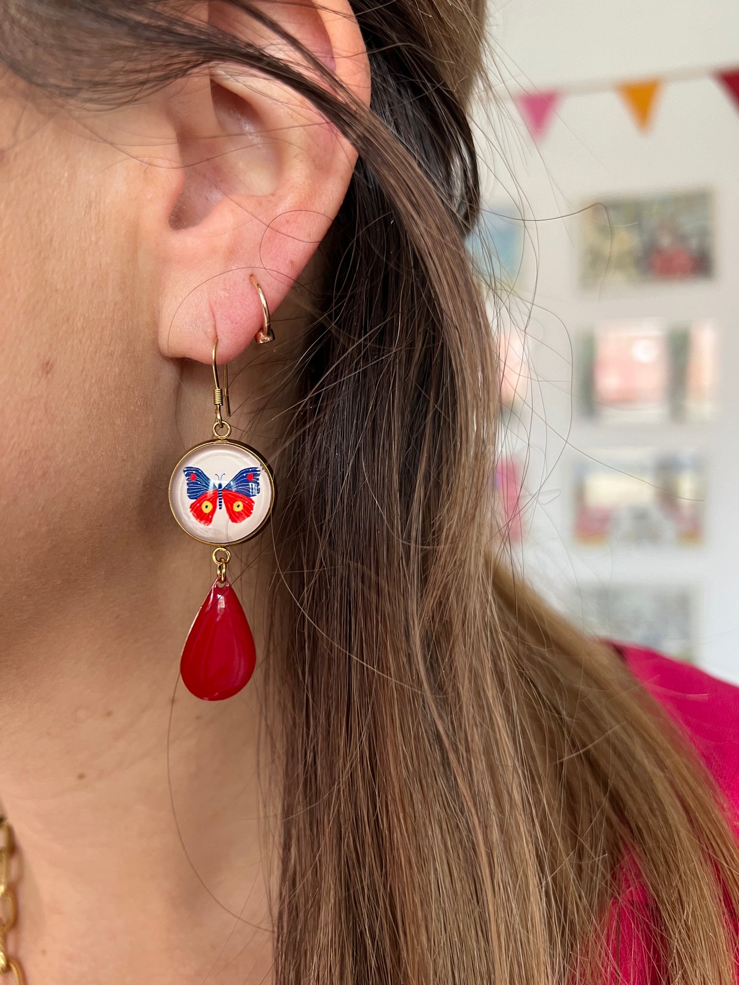 Butterlies Earrings, Stainless steel, Red Enamel