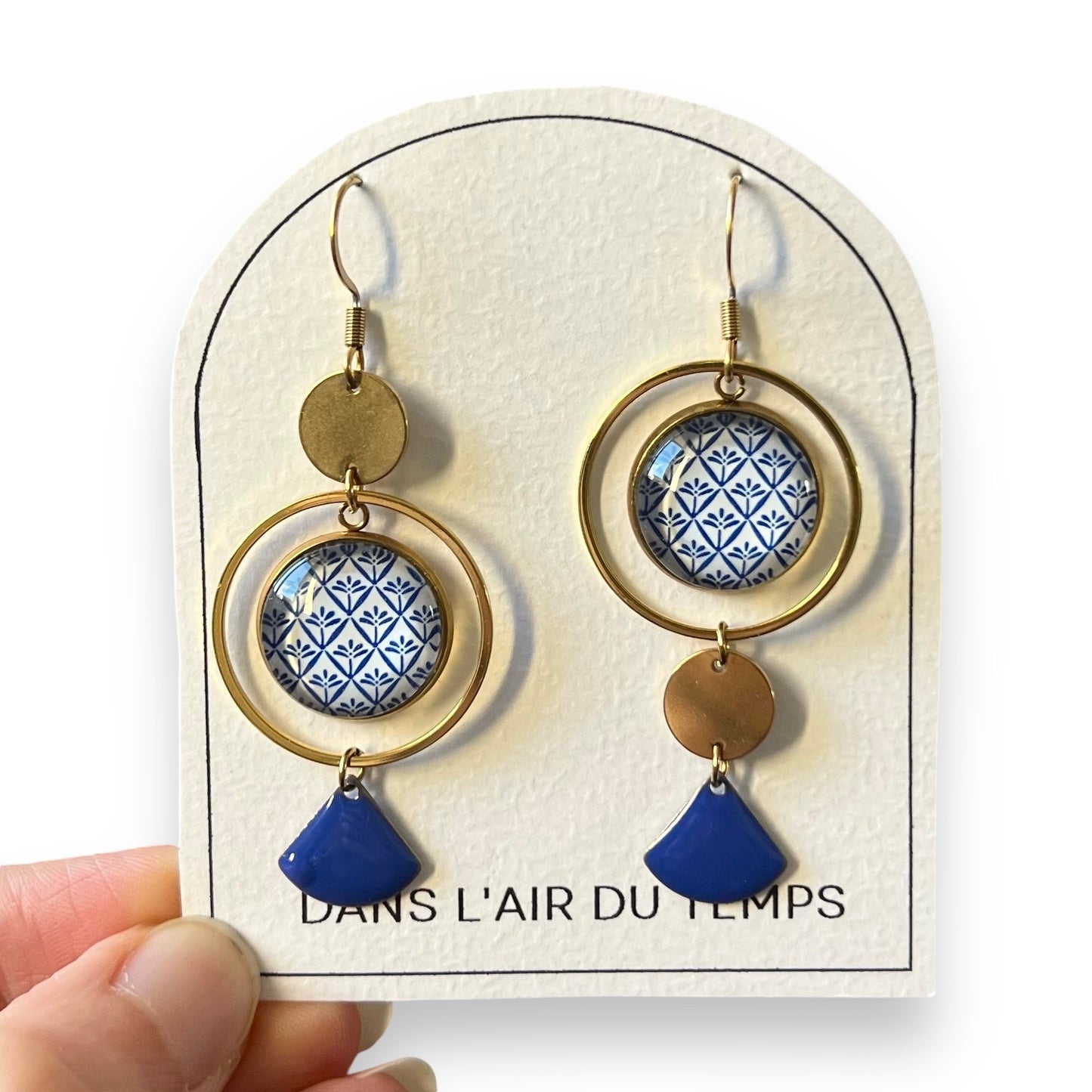 Blue and White mismatched Earrings , Golden Stainless Steel Earrings 