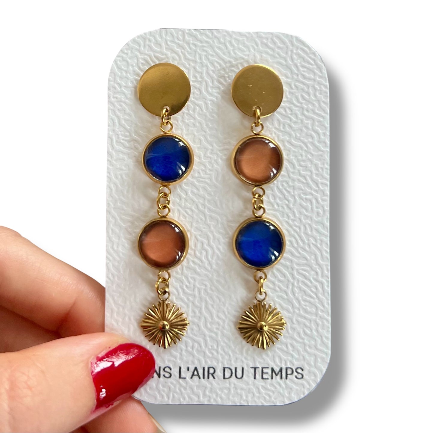 Boucles d'oreilles fines camel et bleu marine