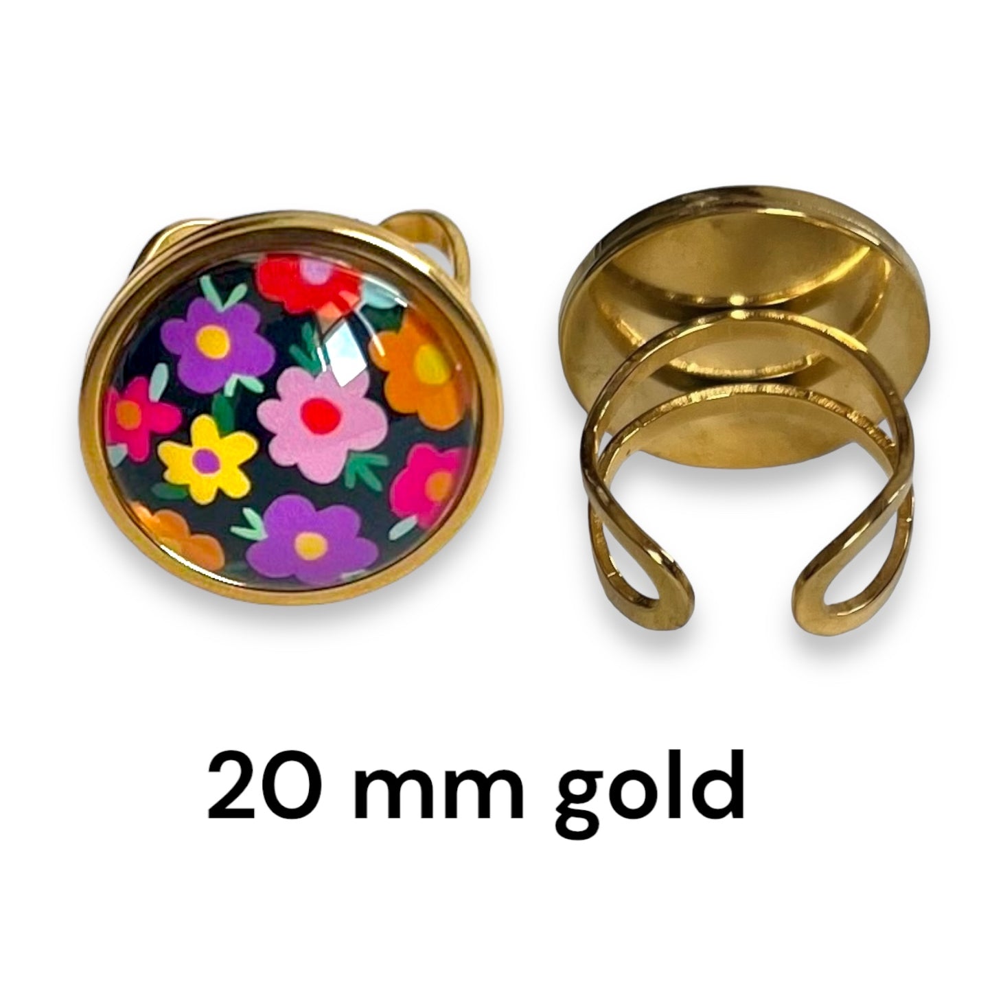 Bague dorée Fleurs multicolores sur fond noir