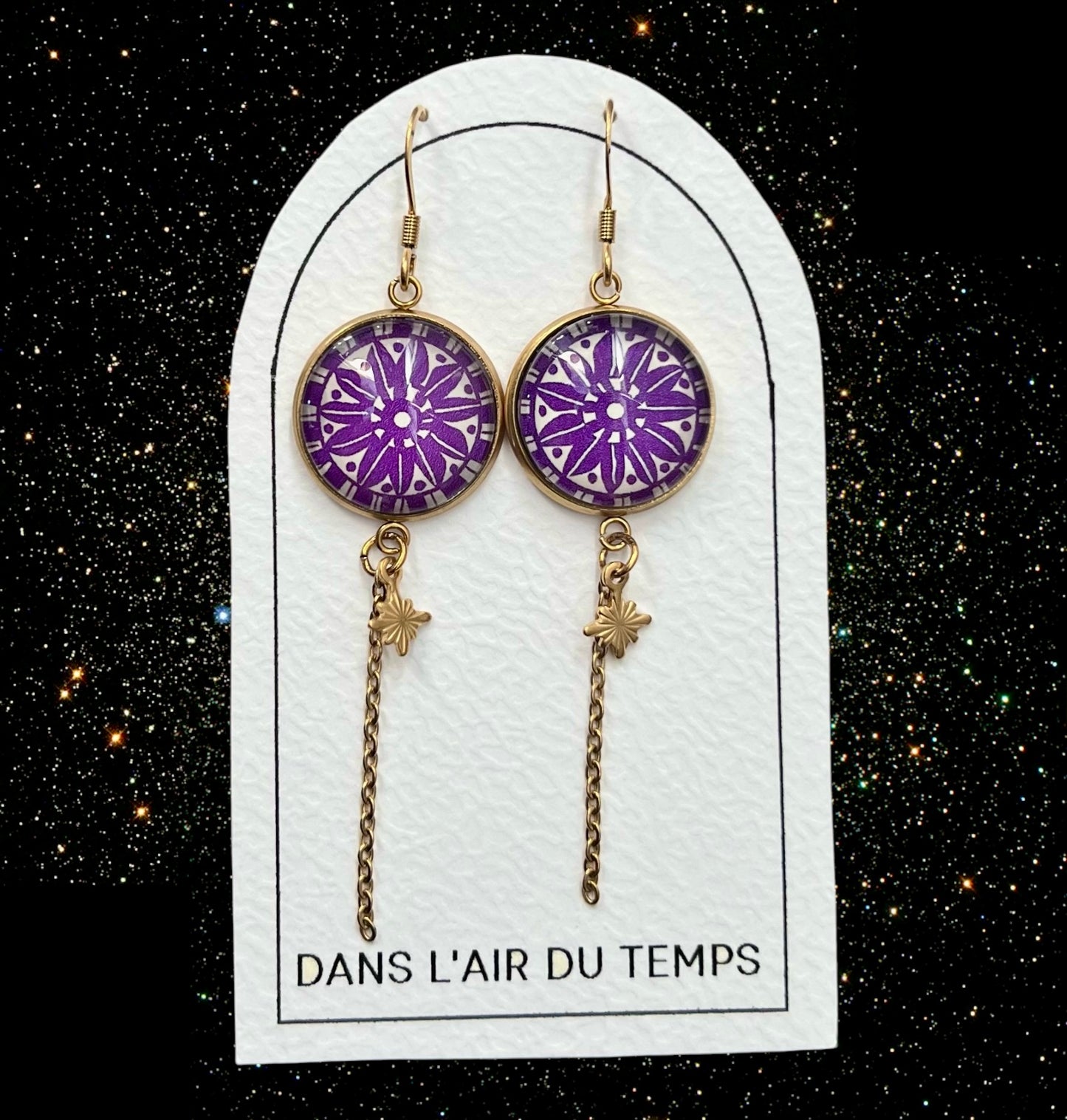 Boucles d'Oreilles Mandala Violettes et chainette