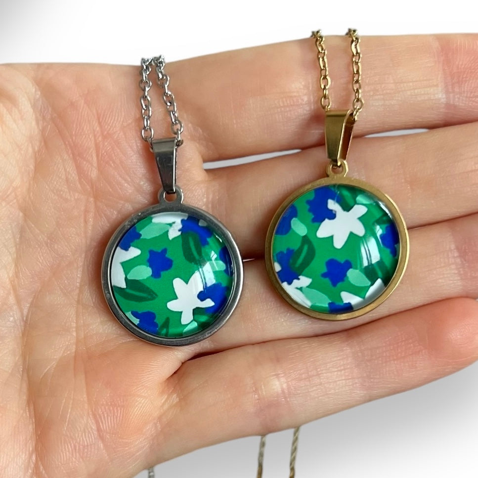 Blue, white and green floral Necklace - Golden Stainless Steel Necklace 