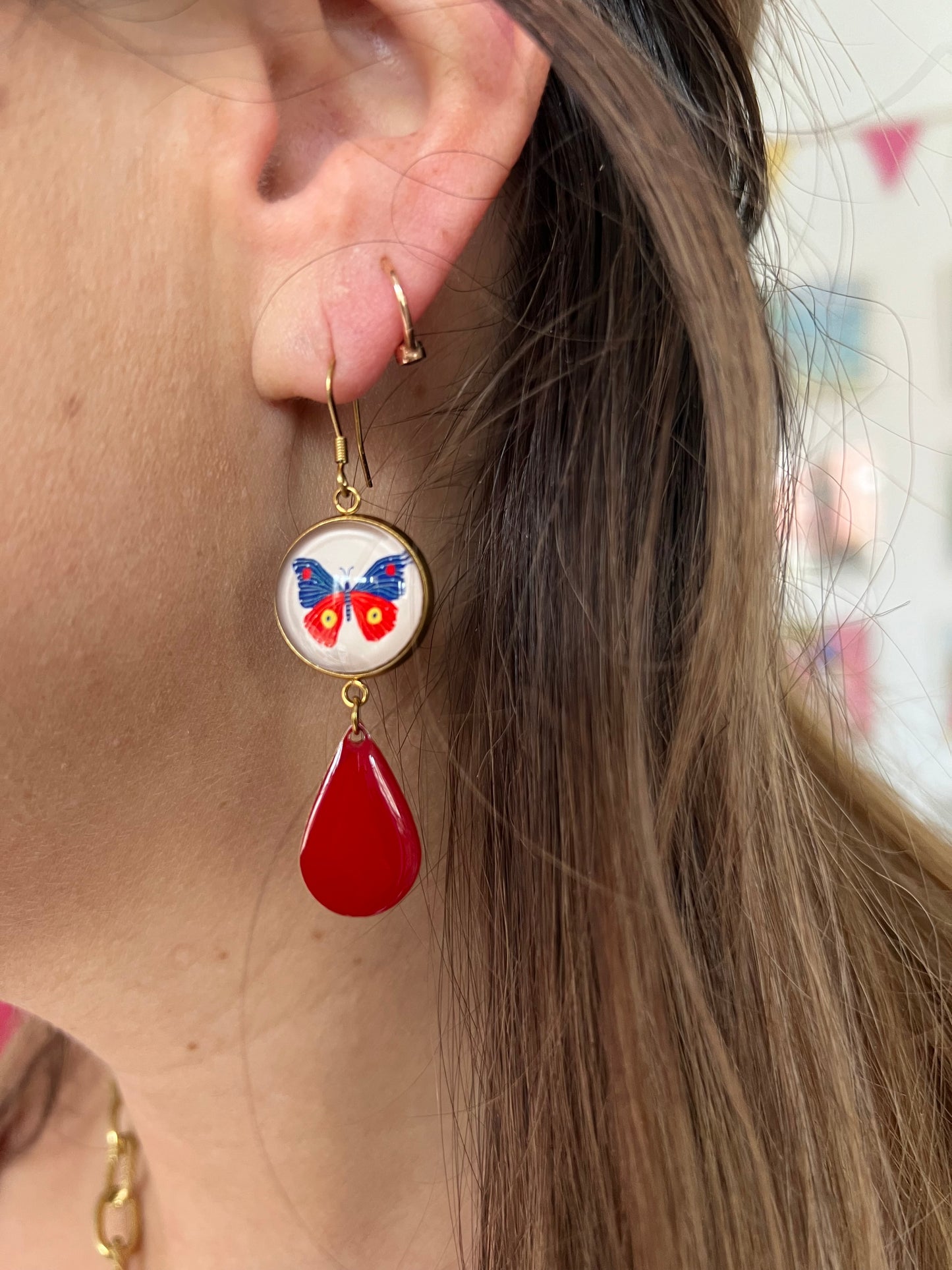 Butterlies Earrings, Stainless steel, Red Enamel