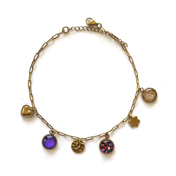 Bracelet de cheville breloques fleurs roses et rouges