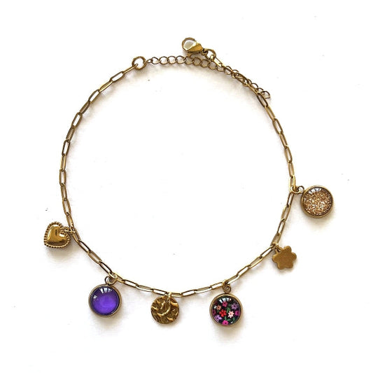 Bracelet de cheville breloques fleurs roses et rouges