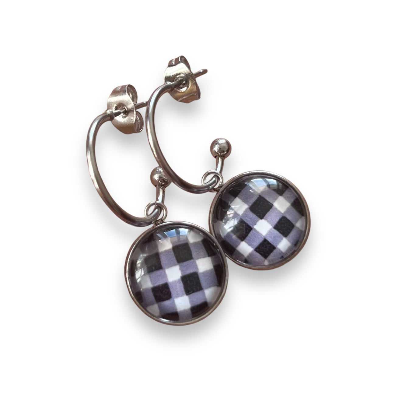 Black and White Gingham Hoop Earrings