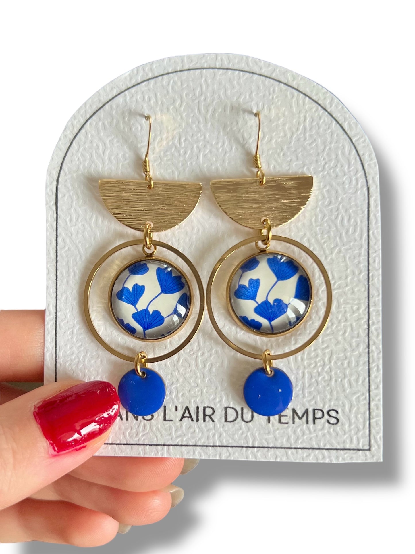 blue ginkgo leaves Earrings , Golden Stainless Steel Earrings 