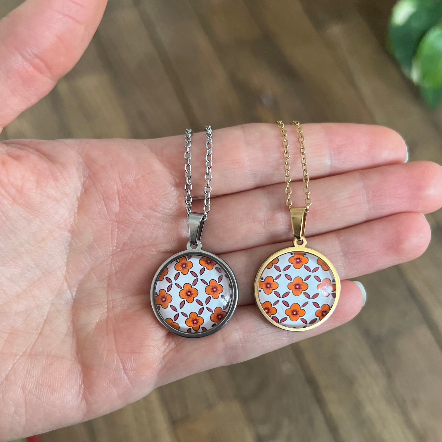 Boho Orange FLORAL Necklace - Golden silver Stainless Steel Necklace 