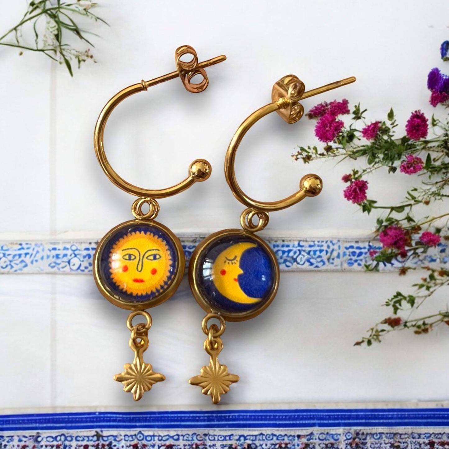 Sun Face and Moon HOOP EARRINGS