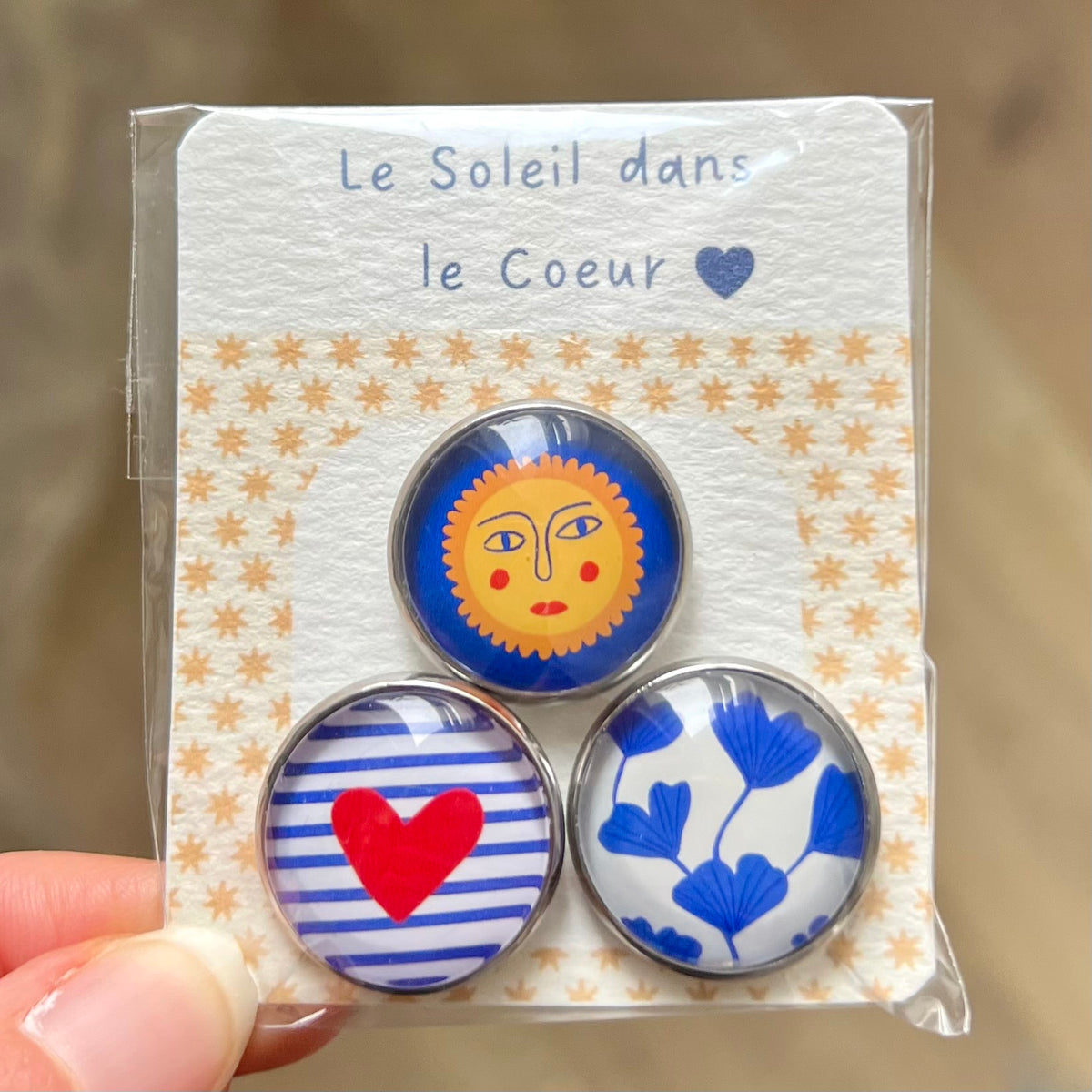 Lot de 3 magnets colorés - Soleil, Cœur et Ginkgo
