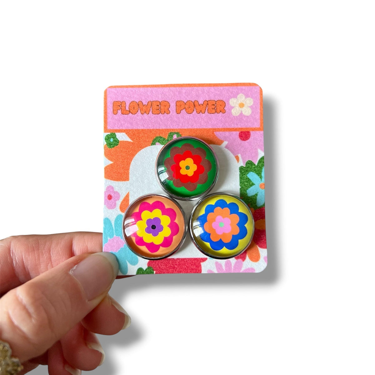 Lot de 3 magnets originaux - Fleurs seventies colorées