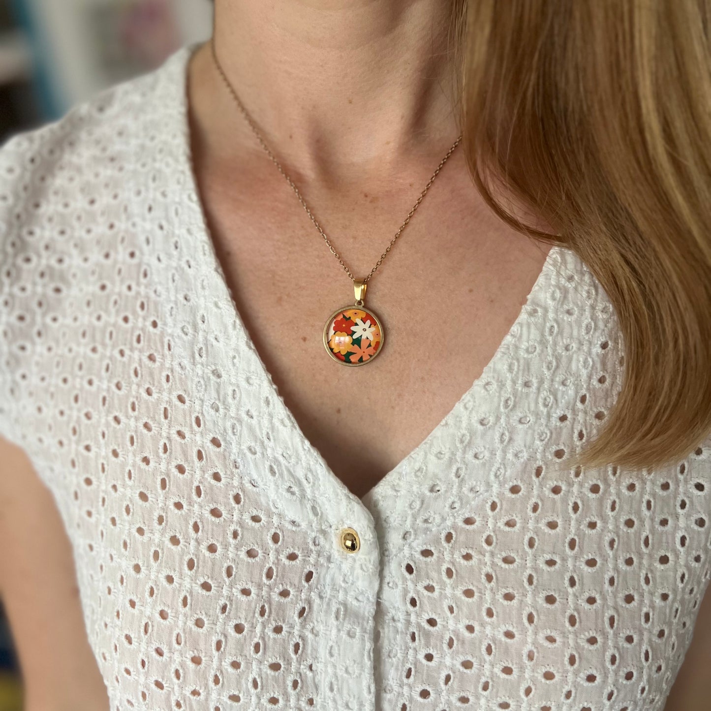 Colorful floral and green Necklace - Golden Stainless Steel Necklace 