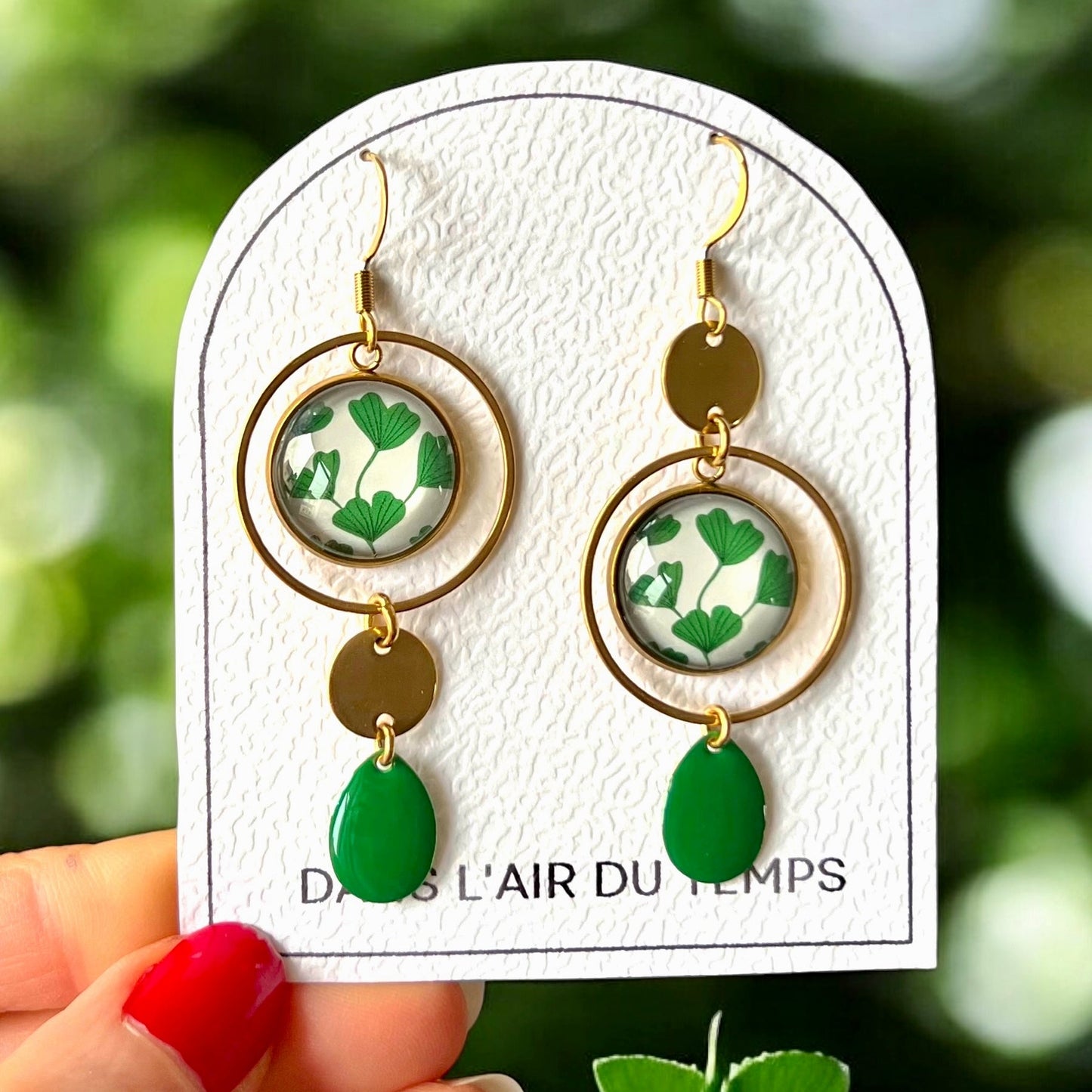 boucles d'oreilles maxi dépareillées ginkgo vert