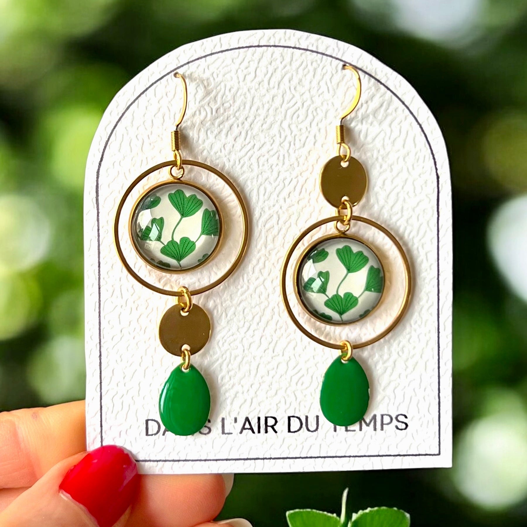 boucles d'oreilles maxi dépareillées ginkgo vert
