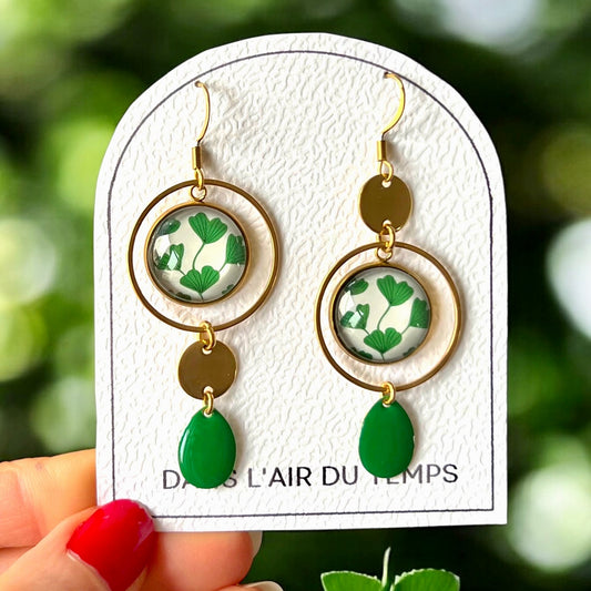 boucles d'oreilles maxi dépareillées ginkgo vert