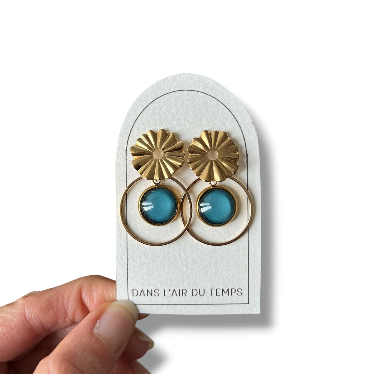 Boucles d'oreilles dorées en acier inoxydable avec cabochons bleu canard et anneaux fins
