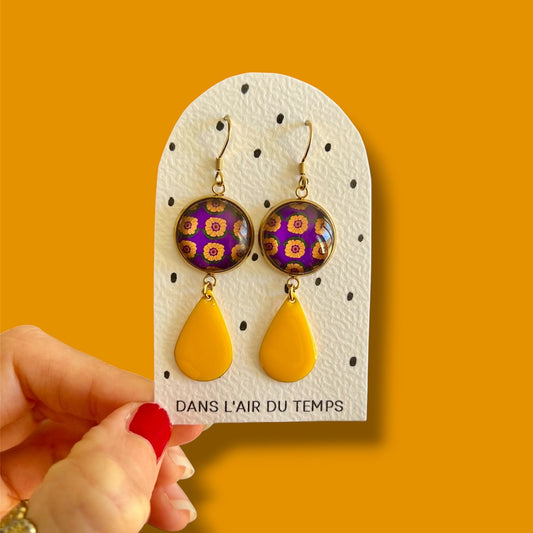 Boucles d'oreilles fleurs violettes et jaunes