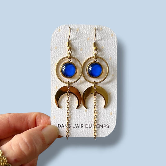 Boucles d'oreilles cabochon bleu croissant de lune chainette acier inoxydable