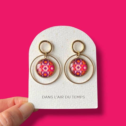 boucles d'oreilles fleurs seventies roses oranges violets
