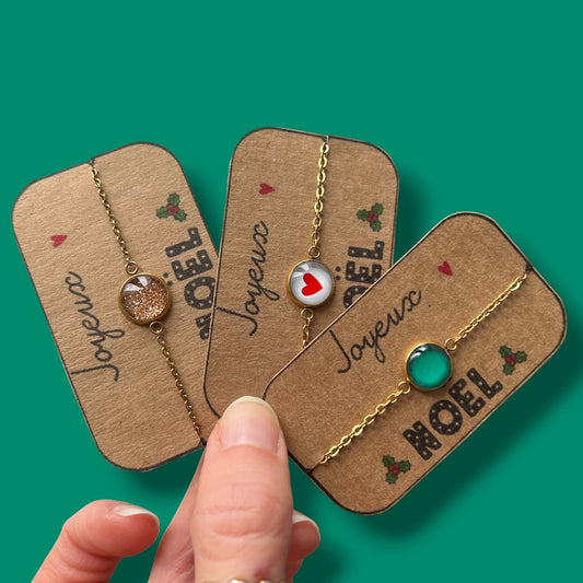 Bracelet joyeux noël en acier inoxydable différents designs : paillettes dorées, coeur rouge, vert émeraude, rouge, motif léopard