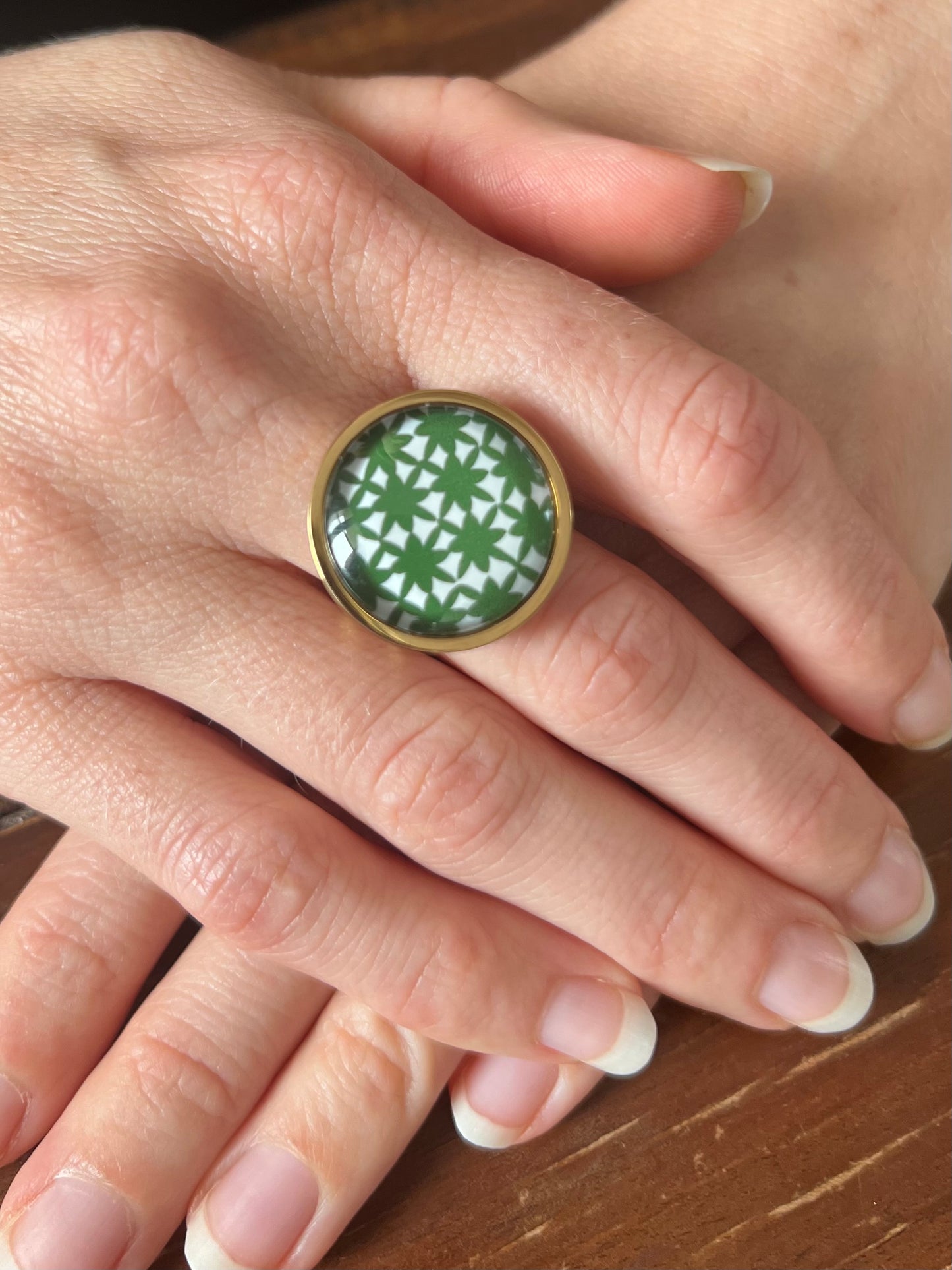 green and white geometrical Ring, Golden or Silver Finish