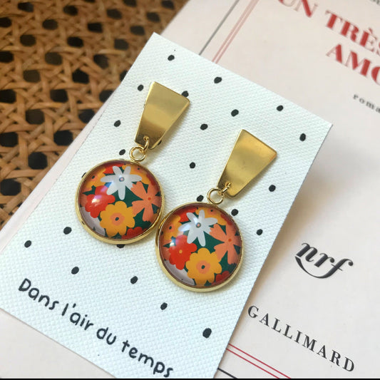 Orange Colorful Flower Gold  earrings