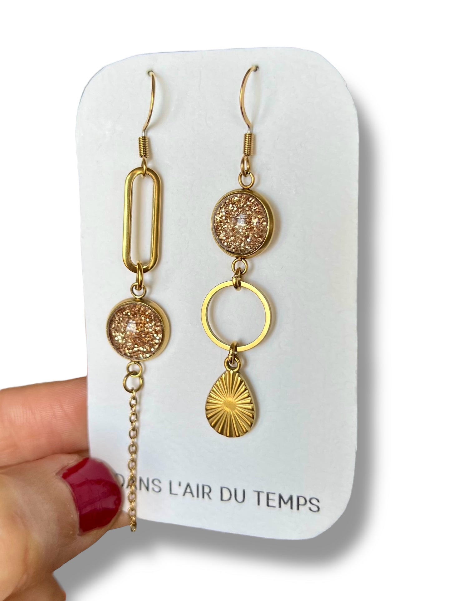 gold glitter mismatched Earrings , Golden Finish