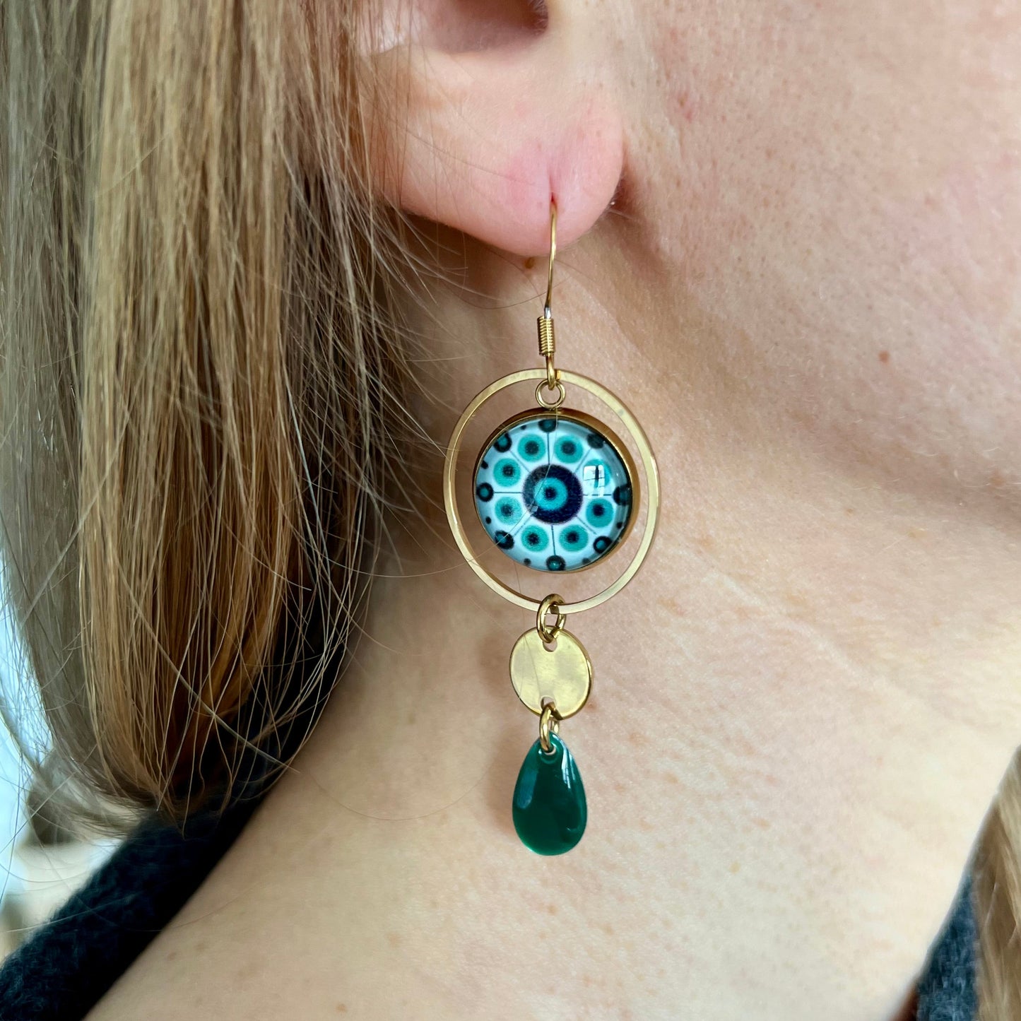 Turquoise mandala mismatched Earrings , Golden or Silver Finish