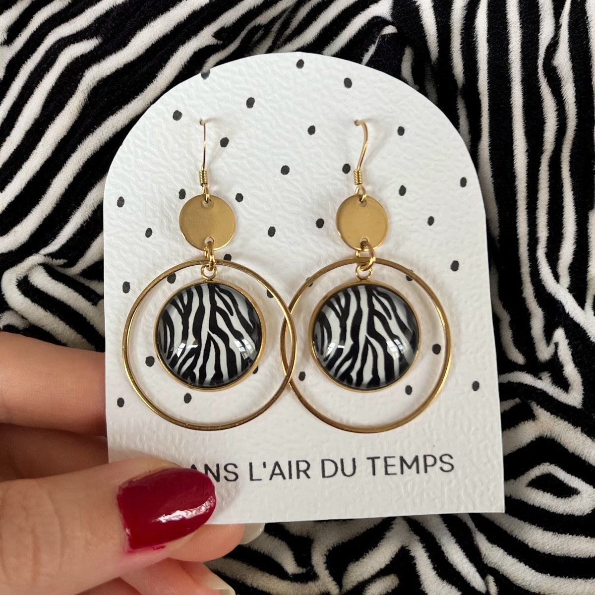 Laimons Boucles D'Oreilles Argent 925 Fille Motif Zèbre Noir/Blanc 10 Mm