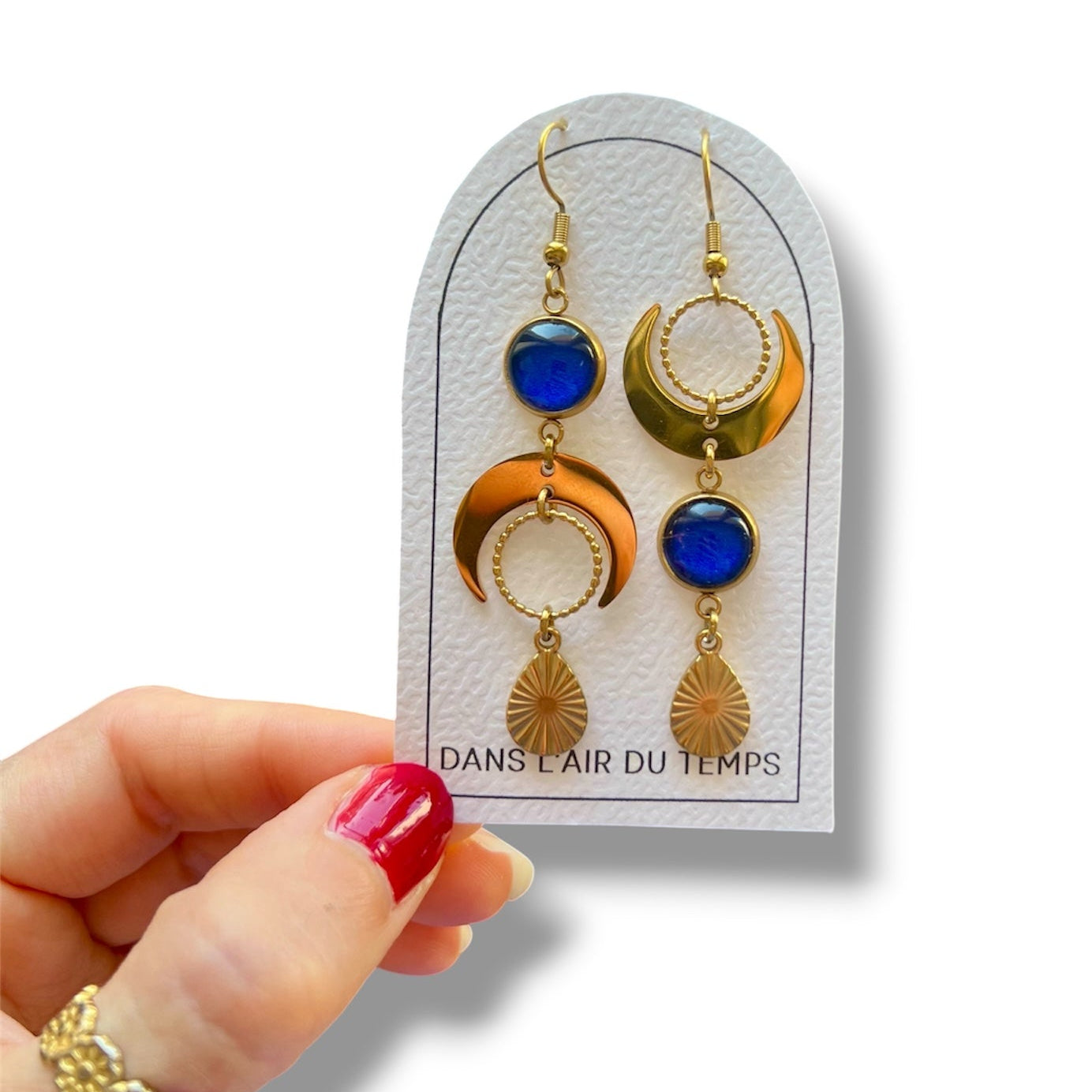 Boucles d'oreilles asymétriques lunes bleu foncé