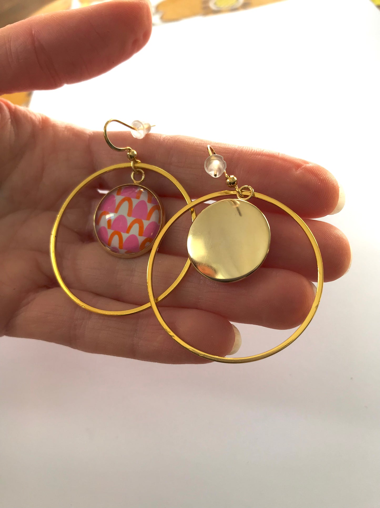 orange and pink geometric Gold Hoop earrings