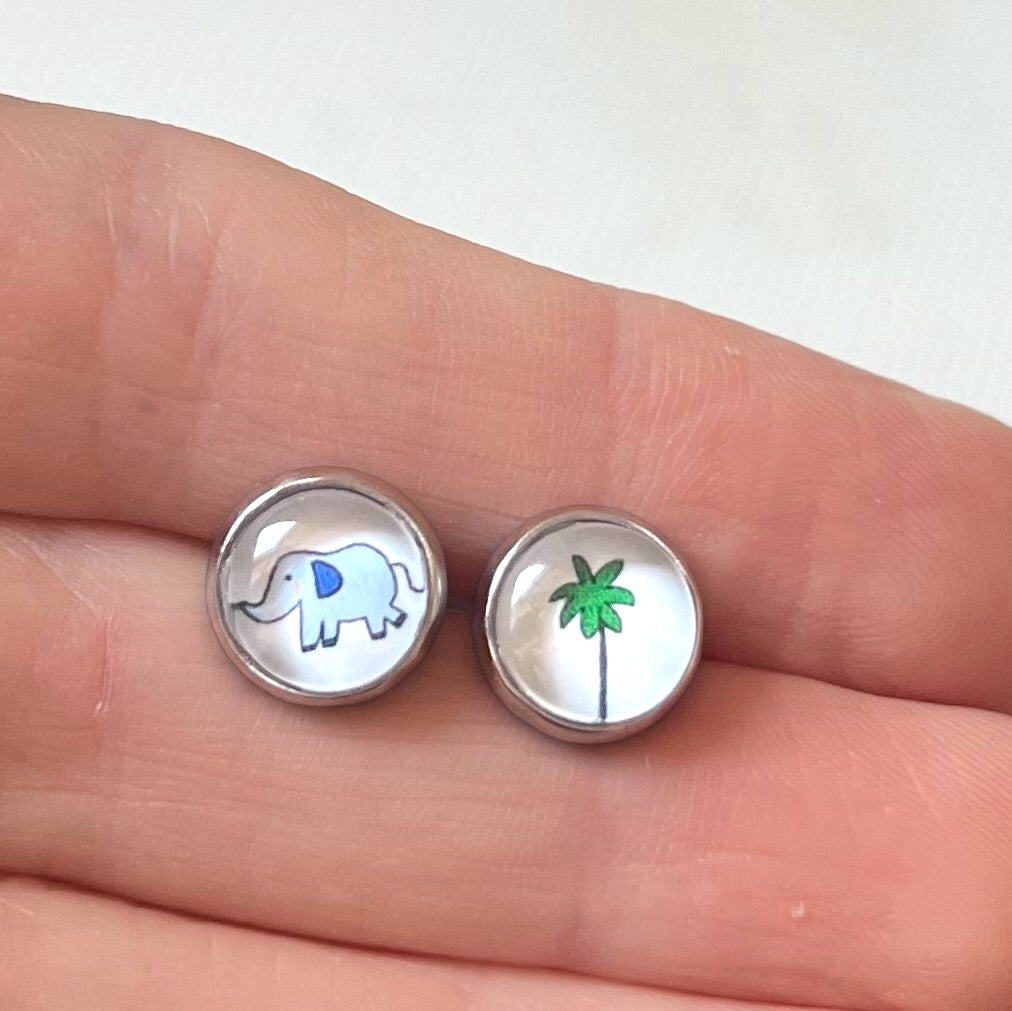 Elephant and Palm Kids Stud Earrings / " Wild and Free "