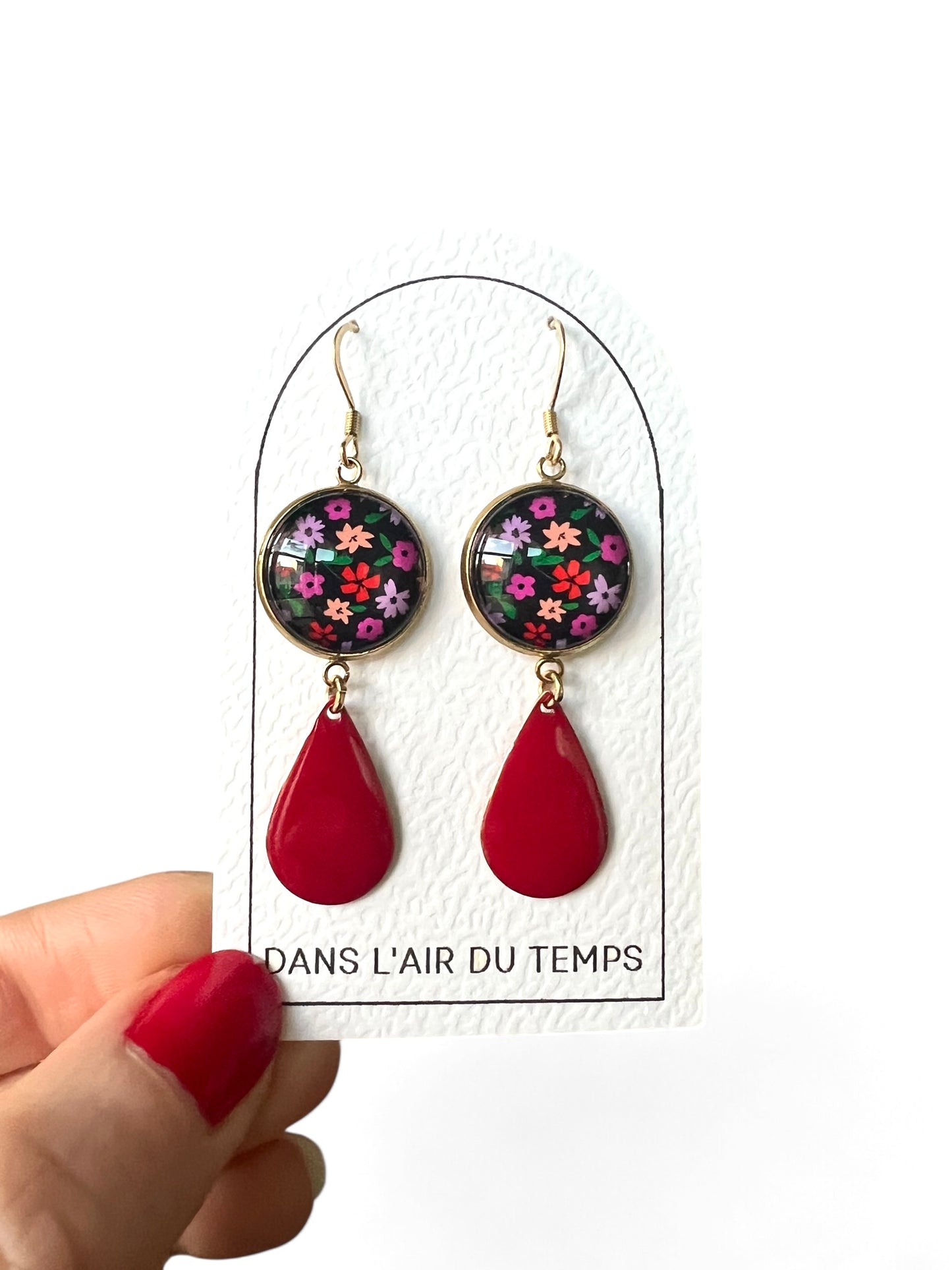 Pink and red Flowers Earrings, red Enamel, Golden or Silver Finish