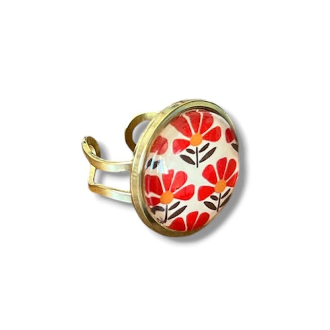 Bague motif japonisant rouge et beige