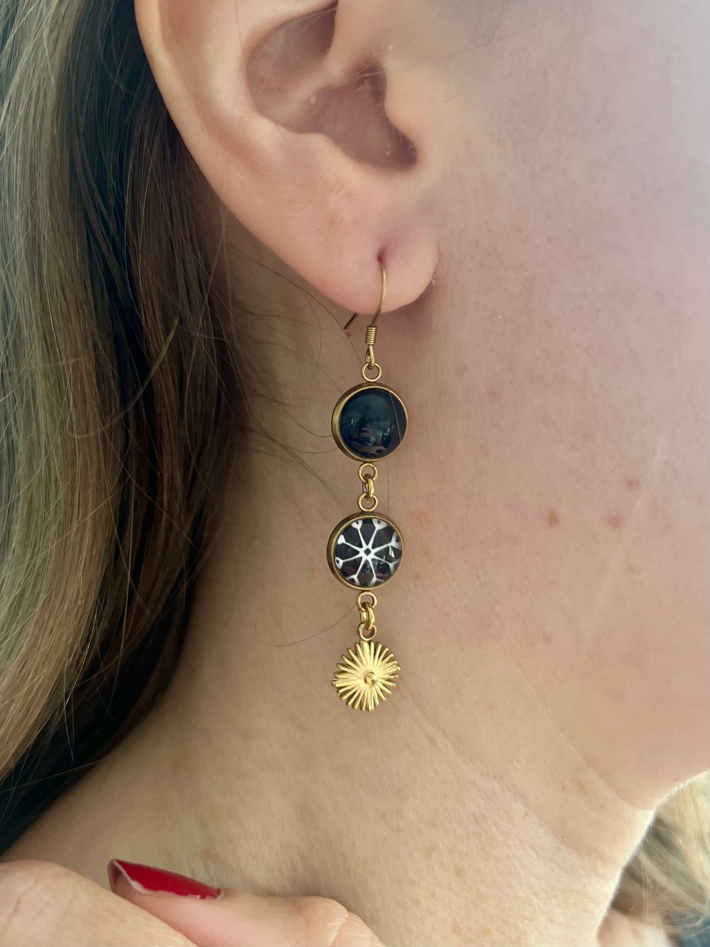 black mandala mismatched Earrings , Golden Finish