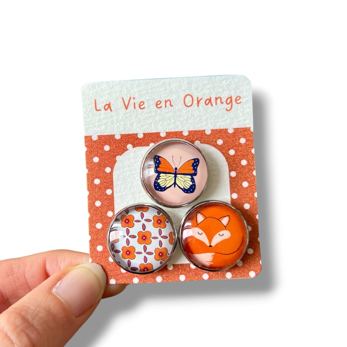 Lot de 3 magnets colorés orange - Renard, Papillon, Fleurs