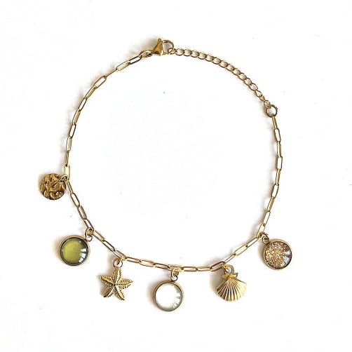 Bracelet de cheville breloques blanc, kaki et paillettes dorées