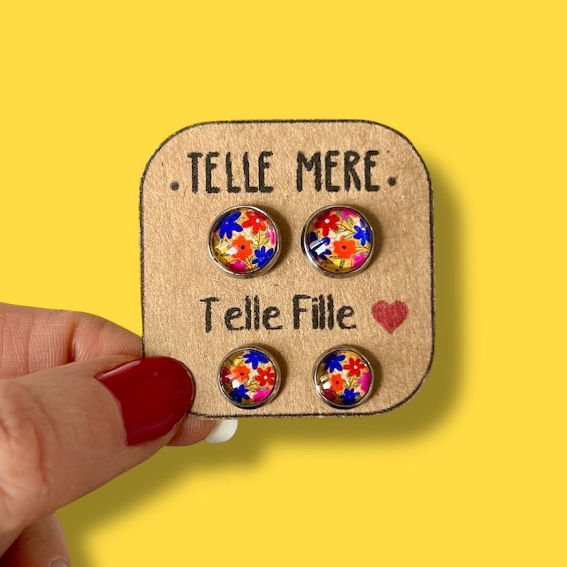 Puces d'Oreilles Mère Fille / "Telle mère, Telle Fille" fleurs multicolores fond jaune