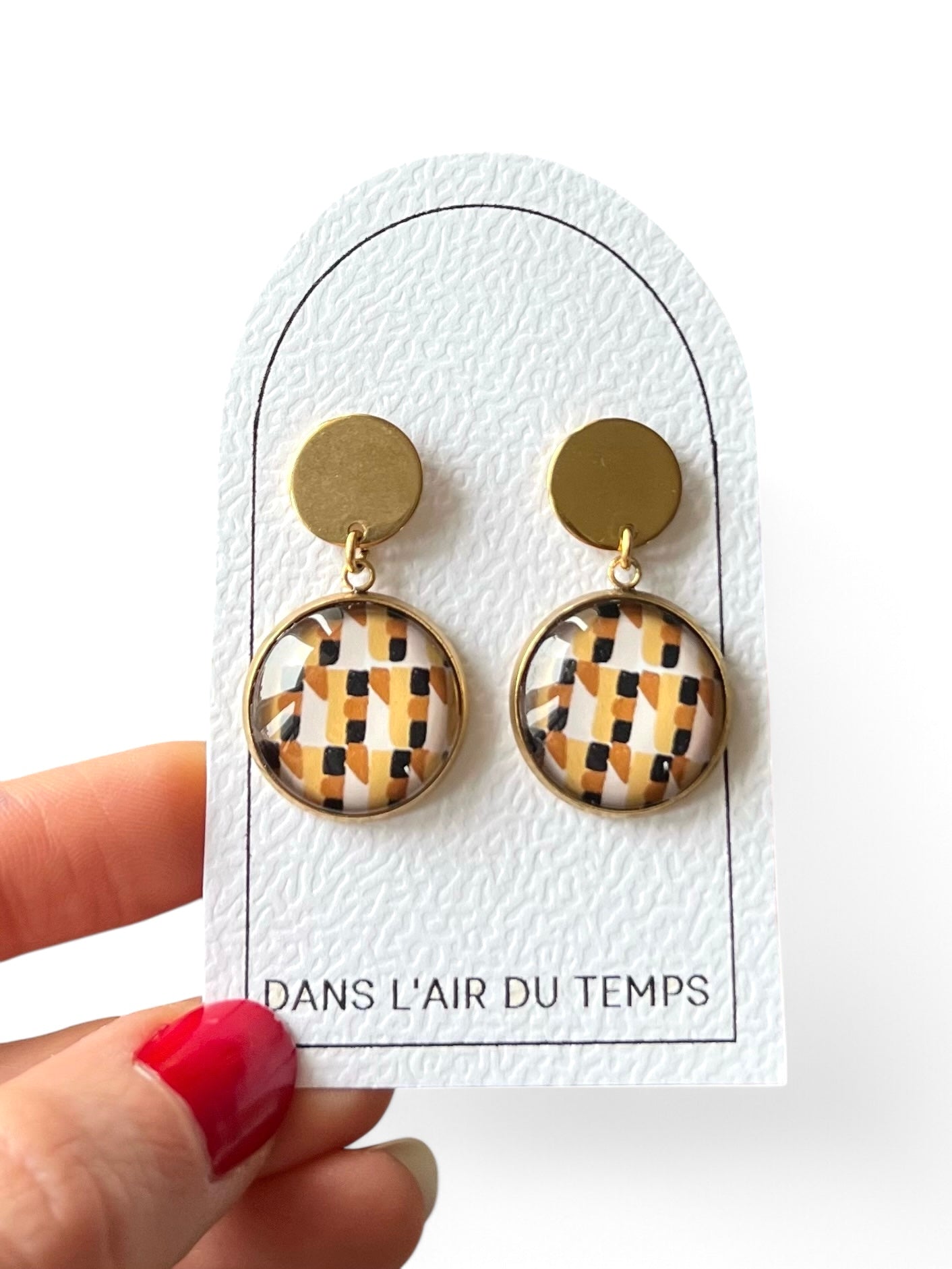 beige and black geometric earrings, Golden or Silver Finish