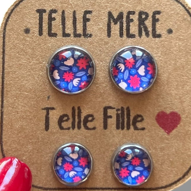 Puces d'Oreilles assorties Mère Fille fleurs bleues et rouges