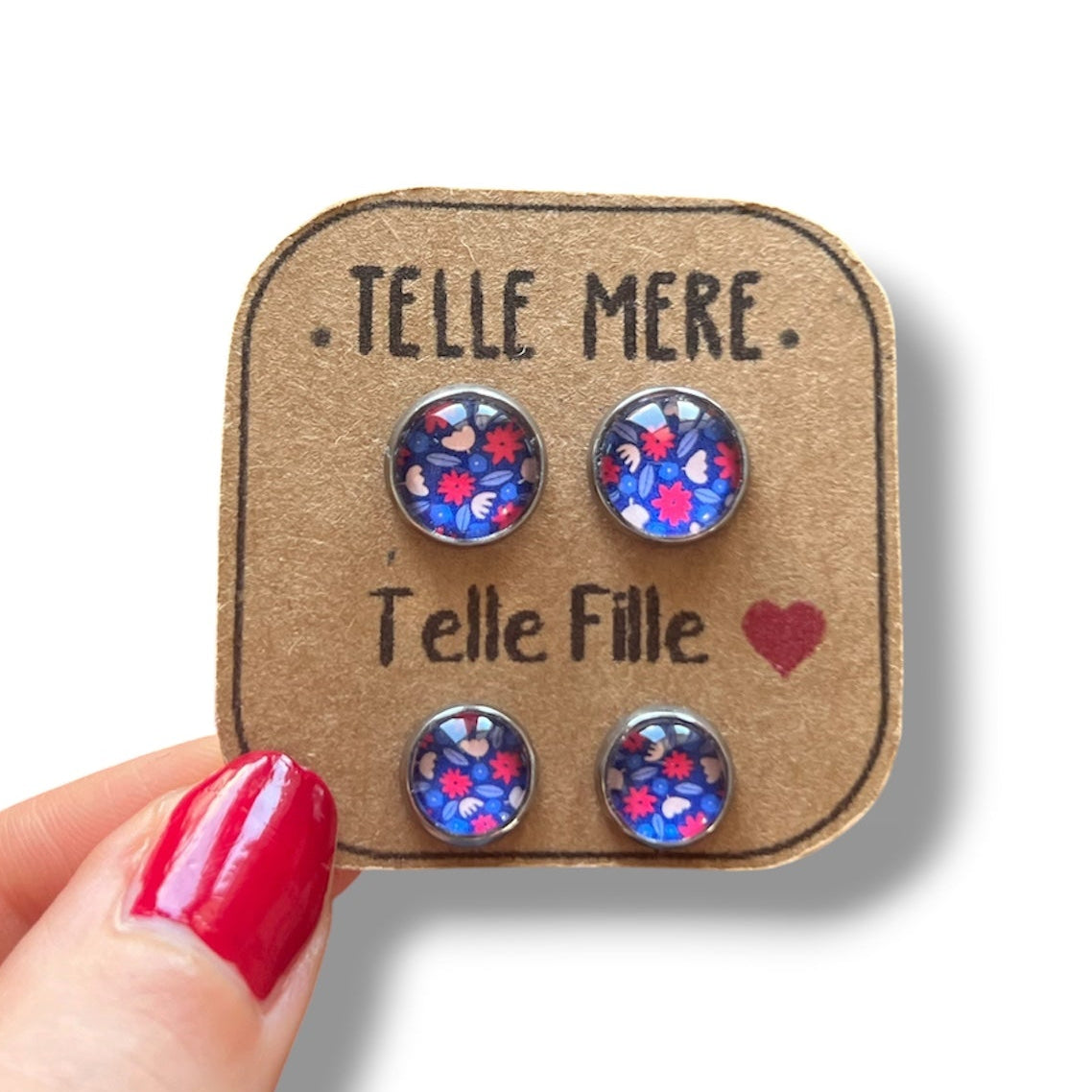 Puces d'Oreilles assorties Mère Fille fleurs bleues et rouges