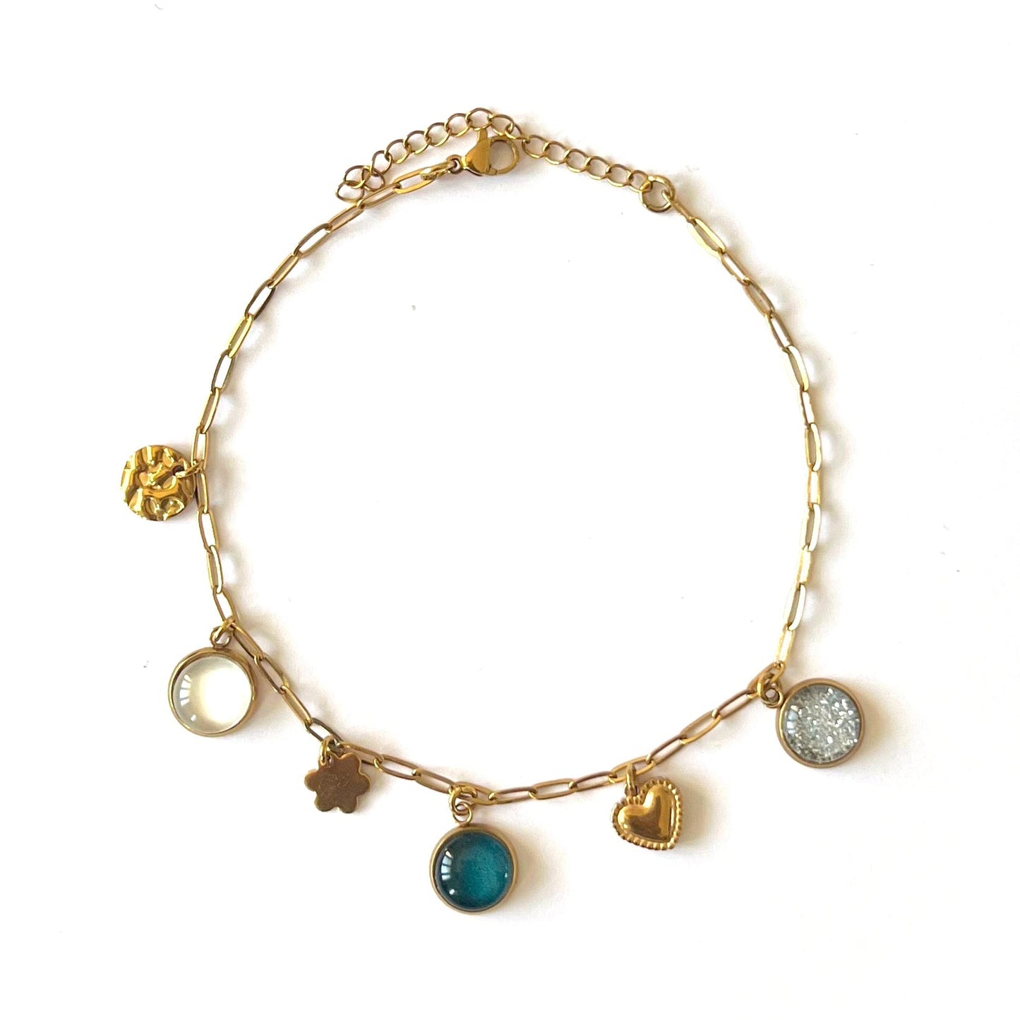 Bracelet de cheville breloques blanc, vert et paillettes argentées