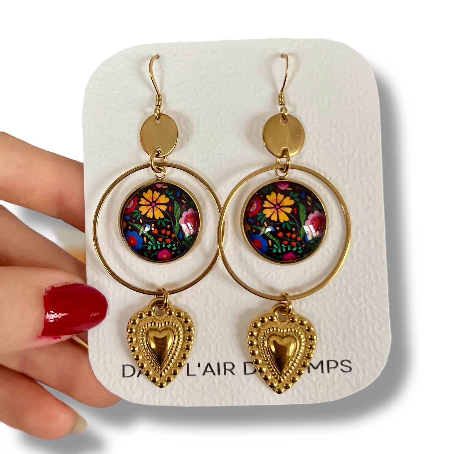 colorful and black floral Earrings, mexican heart