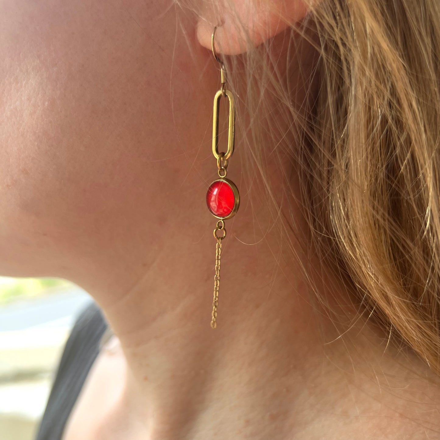 Red mismatched Earrings , Golden Finish