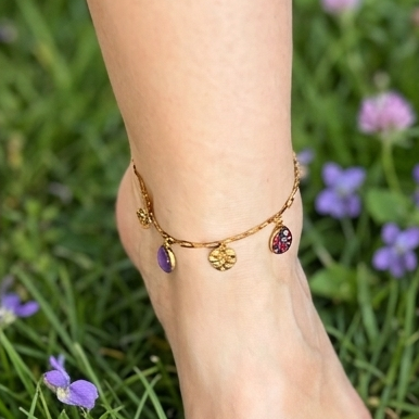 Bracelet de cheville breloques fleurs roses et rouges